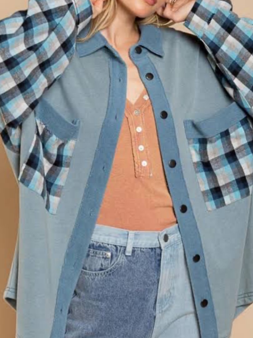 POL YKT19 Blue Plaid Mixed Media Oversized Shacket Women’s Small Boho